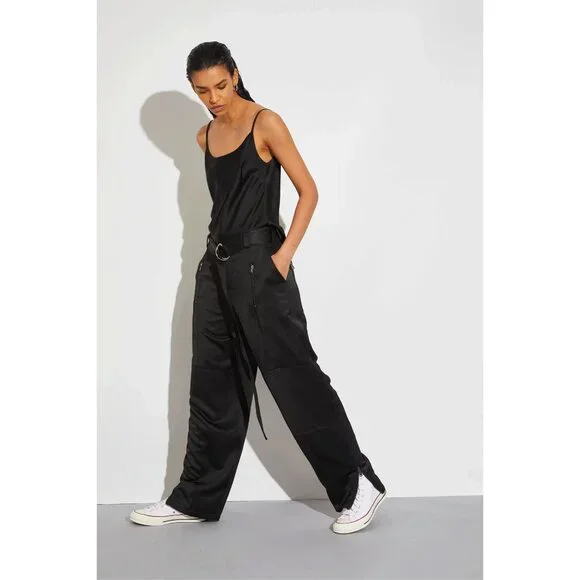 Saint Art Courtney Mid Rise Charmeuse Pant - Black Loose Fit Satin Cargo Pants - Picture 12 of 14